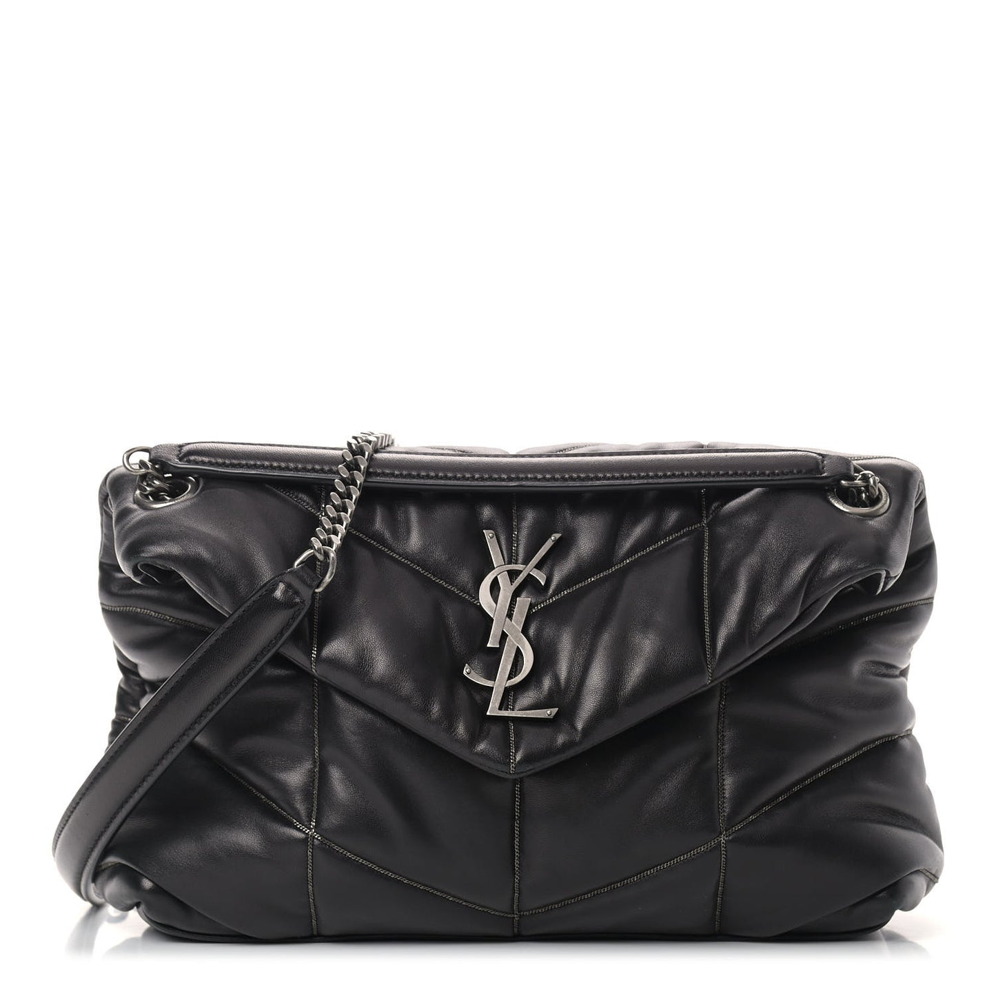 Lambskin Quilted Small Loulou Puffer Monogram Chain Satchel Black