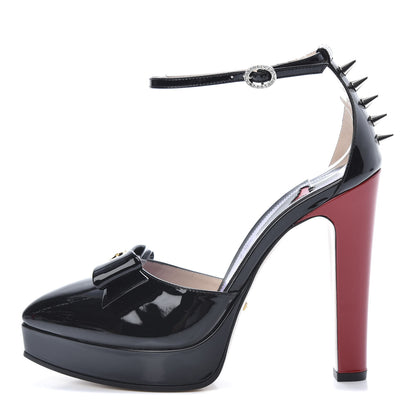 Gucci Patent Crystal GG Bow Sadie Spike Ankle Strap d'Orsay Platform High Heel Pumps 38 Black 1 of 8