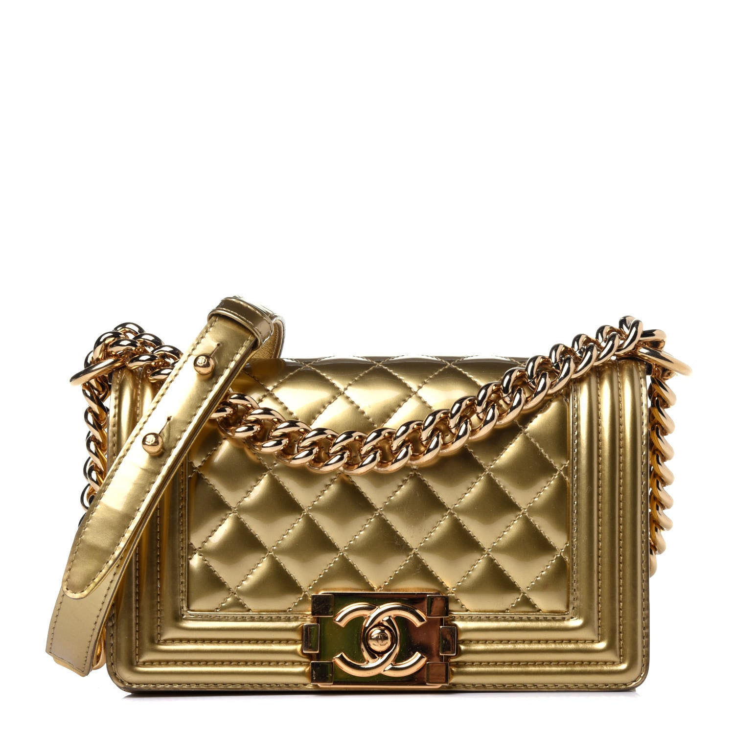 Chanel Metallic Patent Calfskin Quilted Small Boy Flap Gold 1 of 12