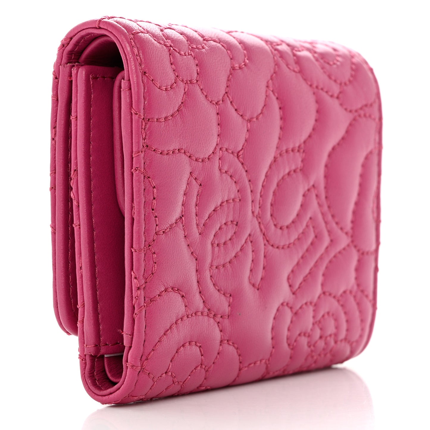 Lambskin Camellia Embossed Small Wallet Pink