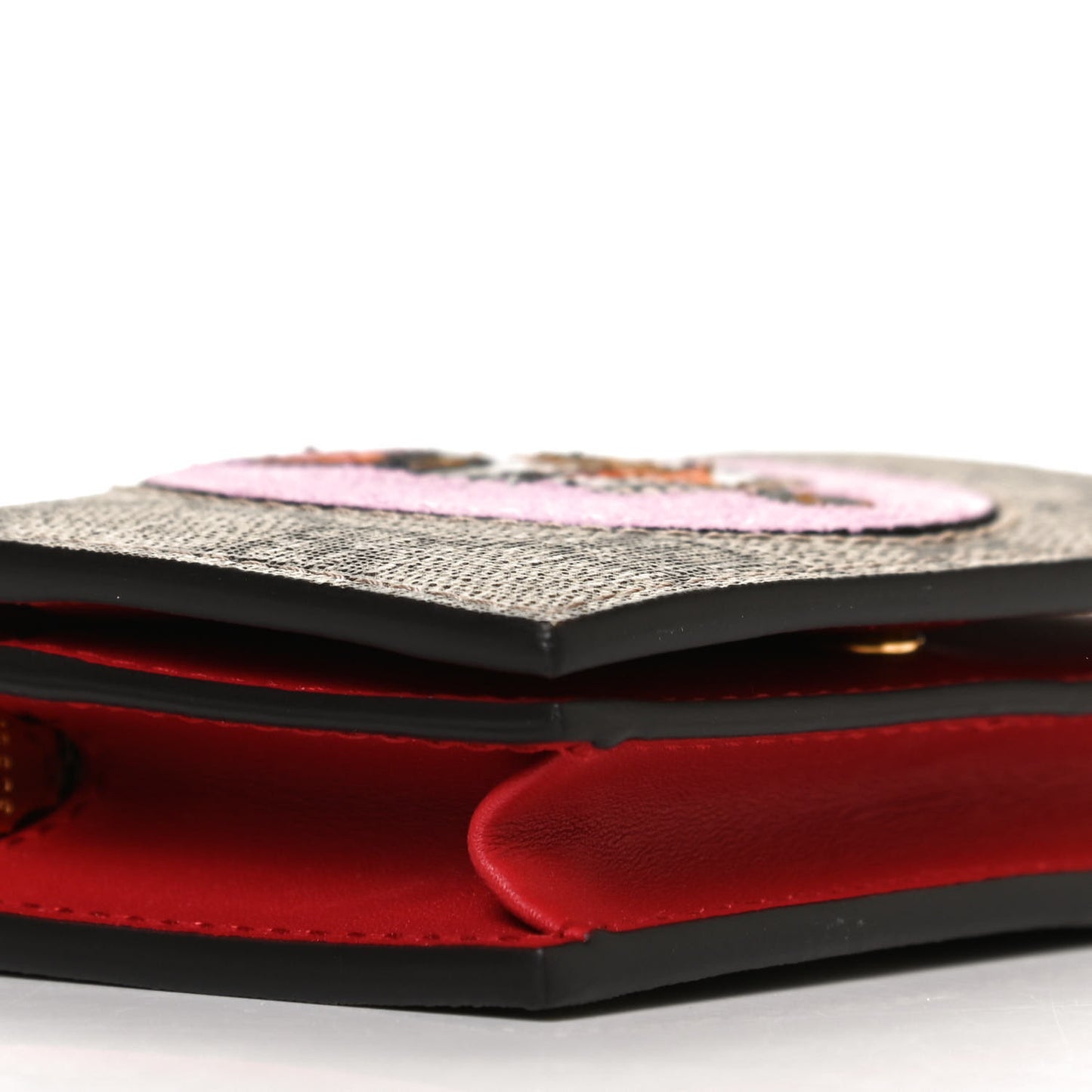 GG Supreme Monogram Bosco Patch Card Case Wallet Beige Malva Hibiscus Red