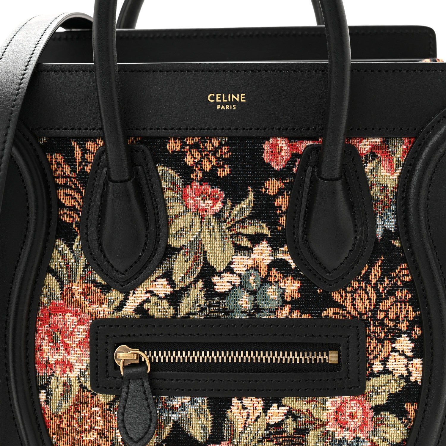 Celine Calfskin Lambskin Canvas Jacquard Floral Nano Luggage Black 9 of 11