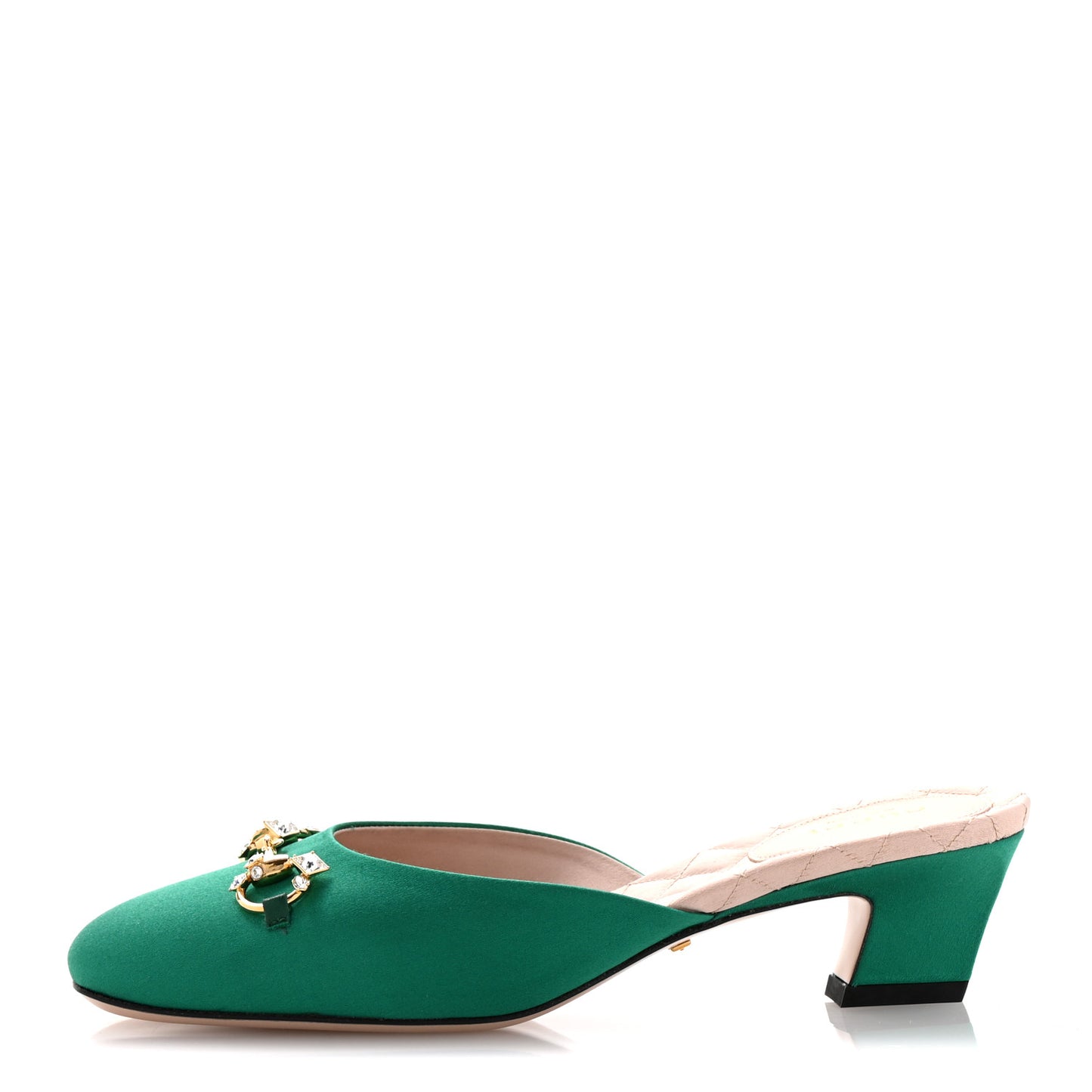 Silk Satin Crystal Embellished Horsebit Mules 36.5 Shamarock Emerald
