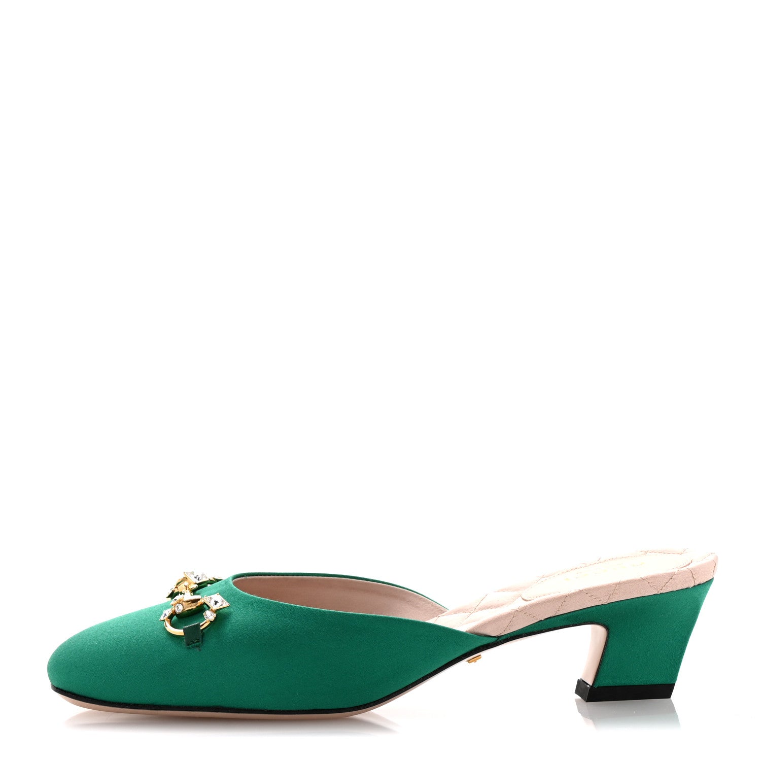 Gucci Silk Satin Crystal Embellished Horsebit Mules 36.5 Shamarock Emerald 1 of 10