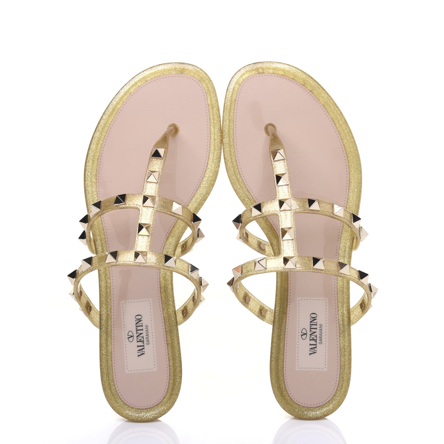 Valentino Garavani PVC Jelly Glitter Rockstud Caged Flat Thong Sandals 36 Oro 5 of 12