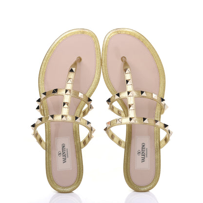 Valentino Garavani PVC Jelly Glitter Rockstud Caged Flat Thong Sandals 36 Oro 5 of 12