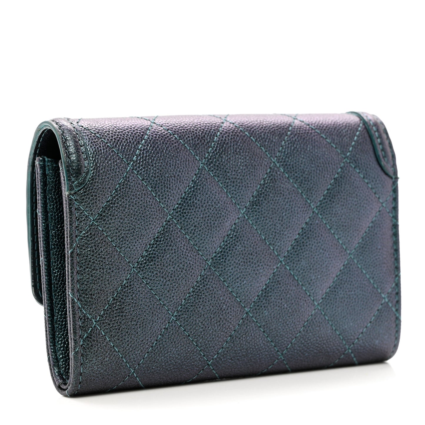 Iridescent Caviar Quilted Medium Filigree Flap Wallet Dark Turquoise