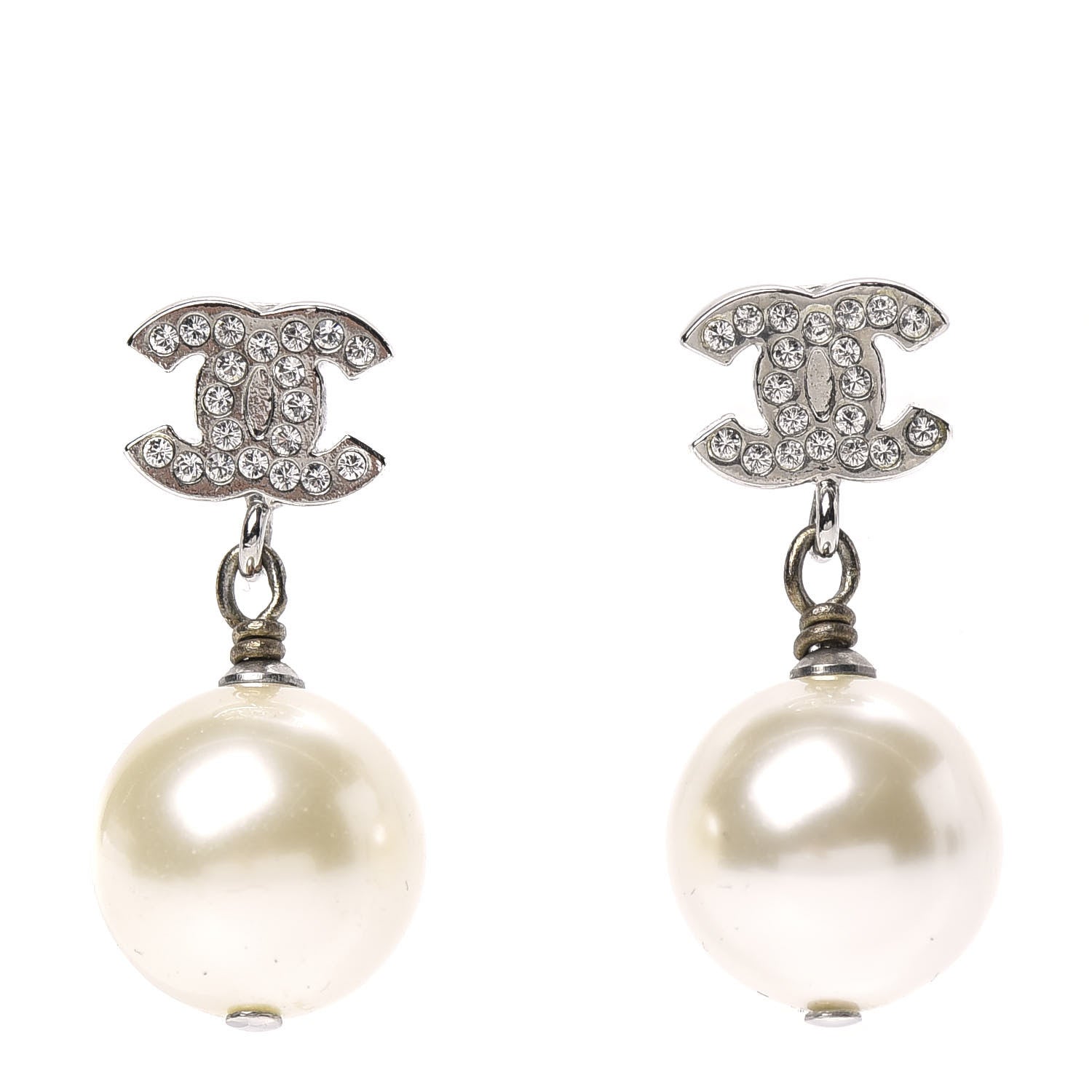 Chanel Crystal Pearl CC Drop Earrings Silver 1 of 3