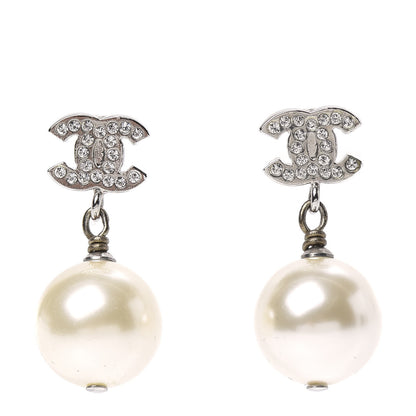 Chanel Crystal Pearl CC Drop Earrings Silver 1 of 3