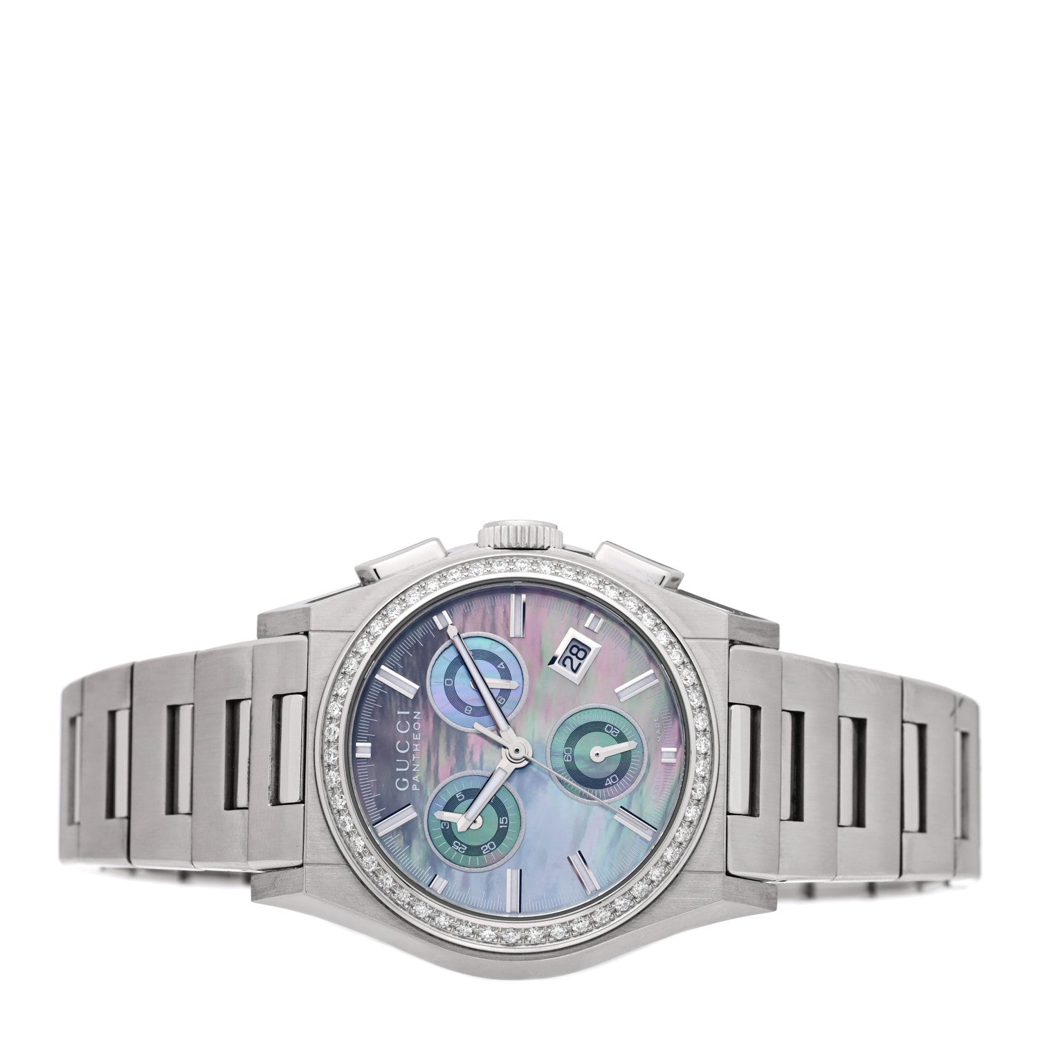 Gucci Stainless Steel Diamond Bezel Black Mother of Pearl 34mm Pantheon Chronograph Quartz Watch 2 of 4