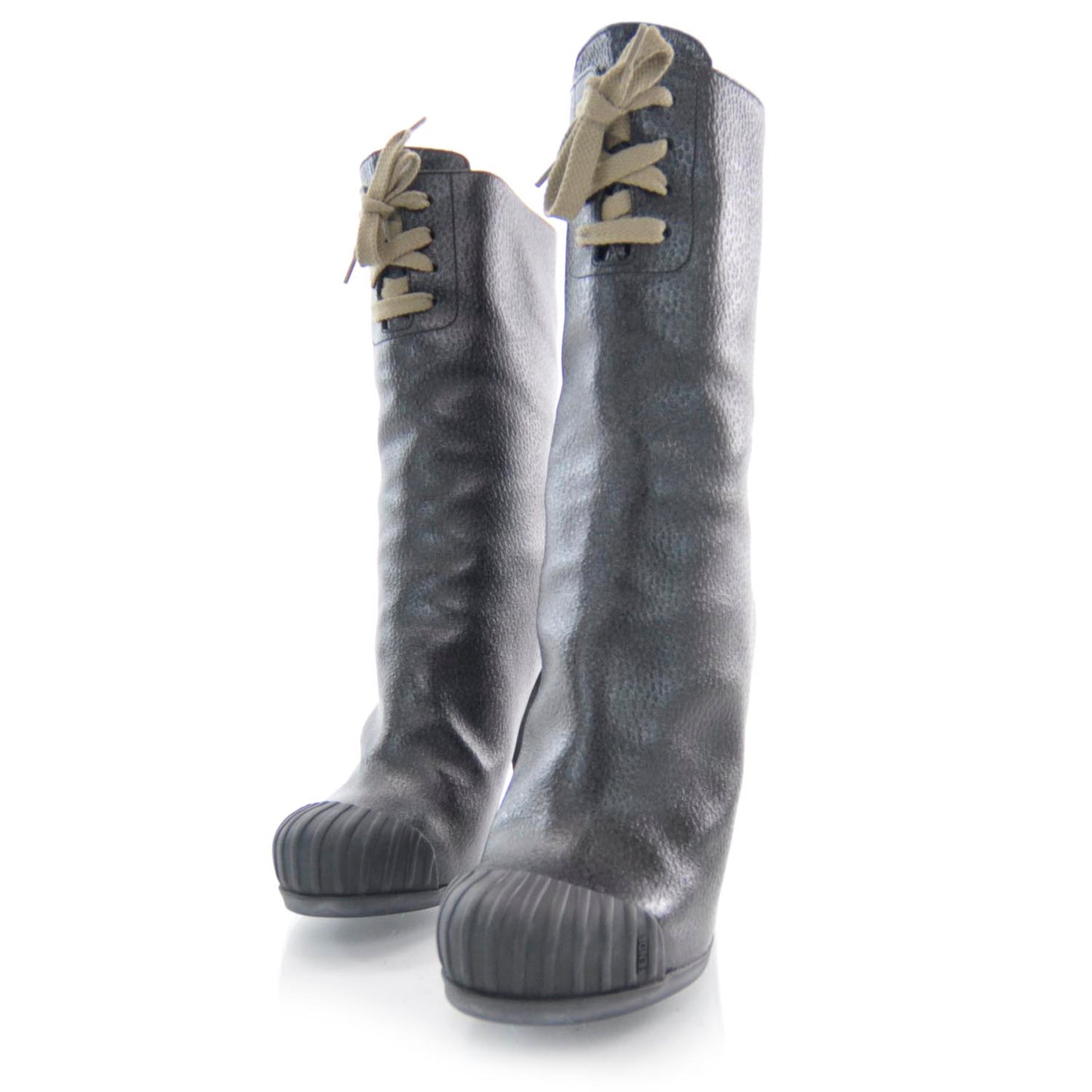 Textured Calfskin Rubber Toe Lace Up Boots 38 Black