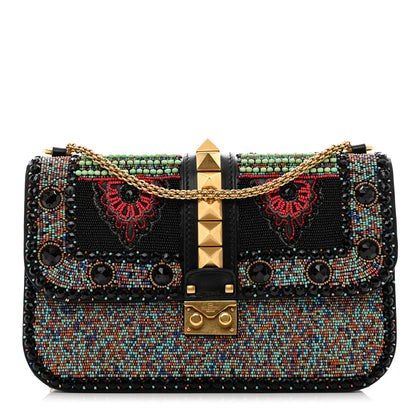 Valentino Garavani Vitello Beaded Medium Glam Lock Rockstud Flap Black 1 of 13
