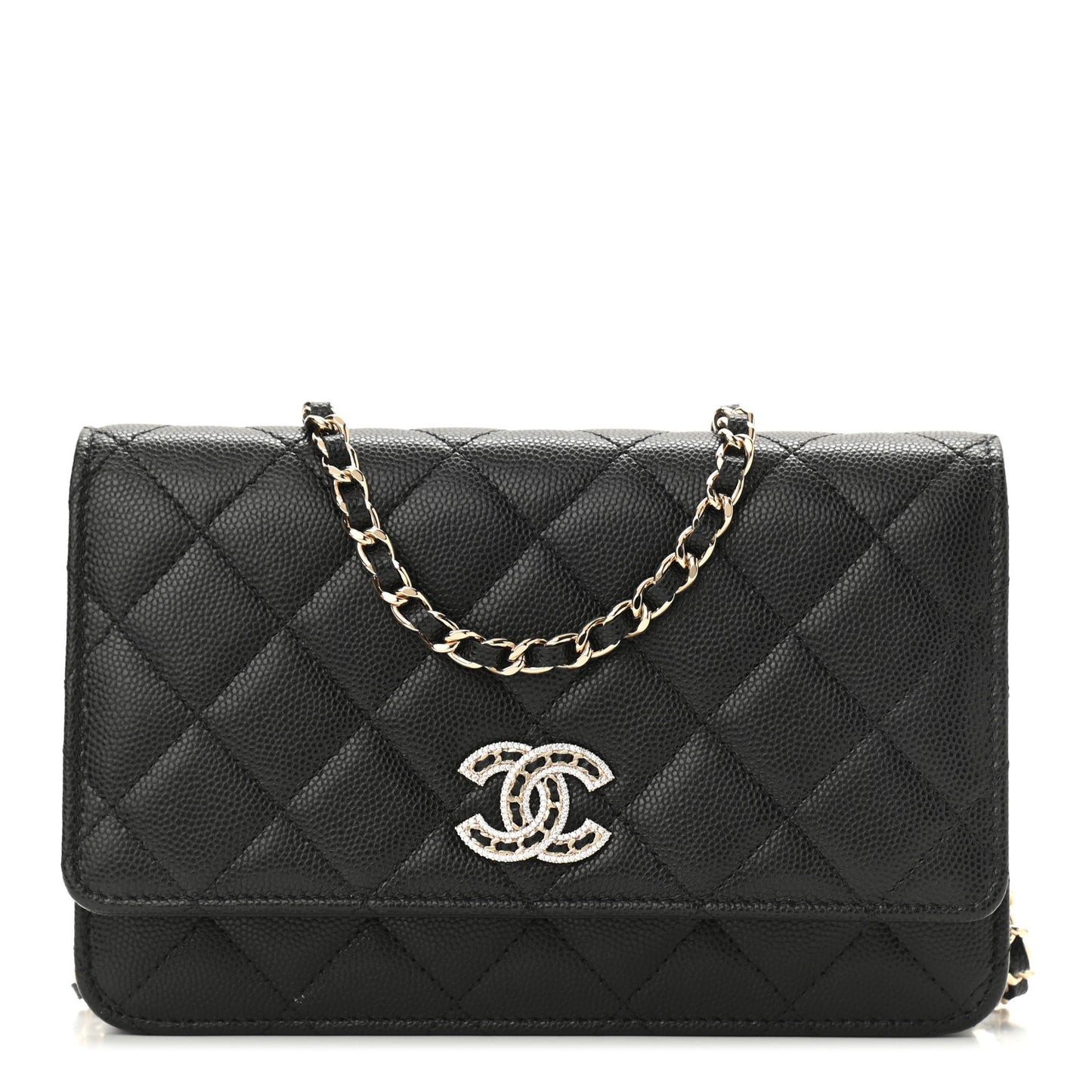 Caviar Quilted Crystal CC Wallet On Chain WOC Black