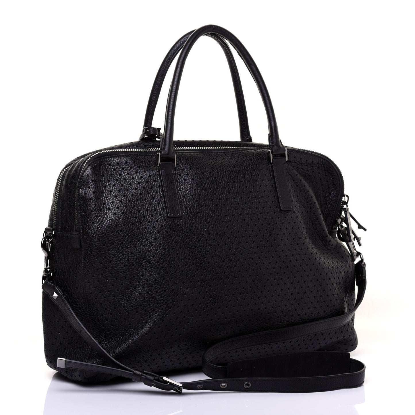 Calfskin Perforated Rockstud Large Travel Briefcase Black