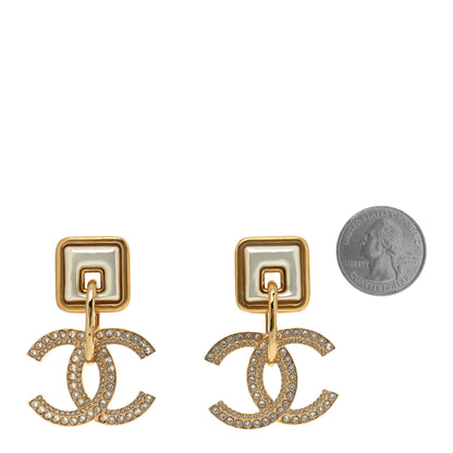 Chanel Crystal Pearl CC Square Drop Earrings Gold Pearly White 2 of 4