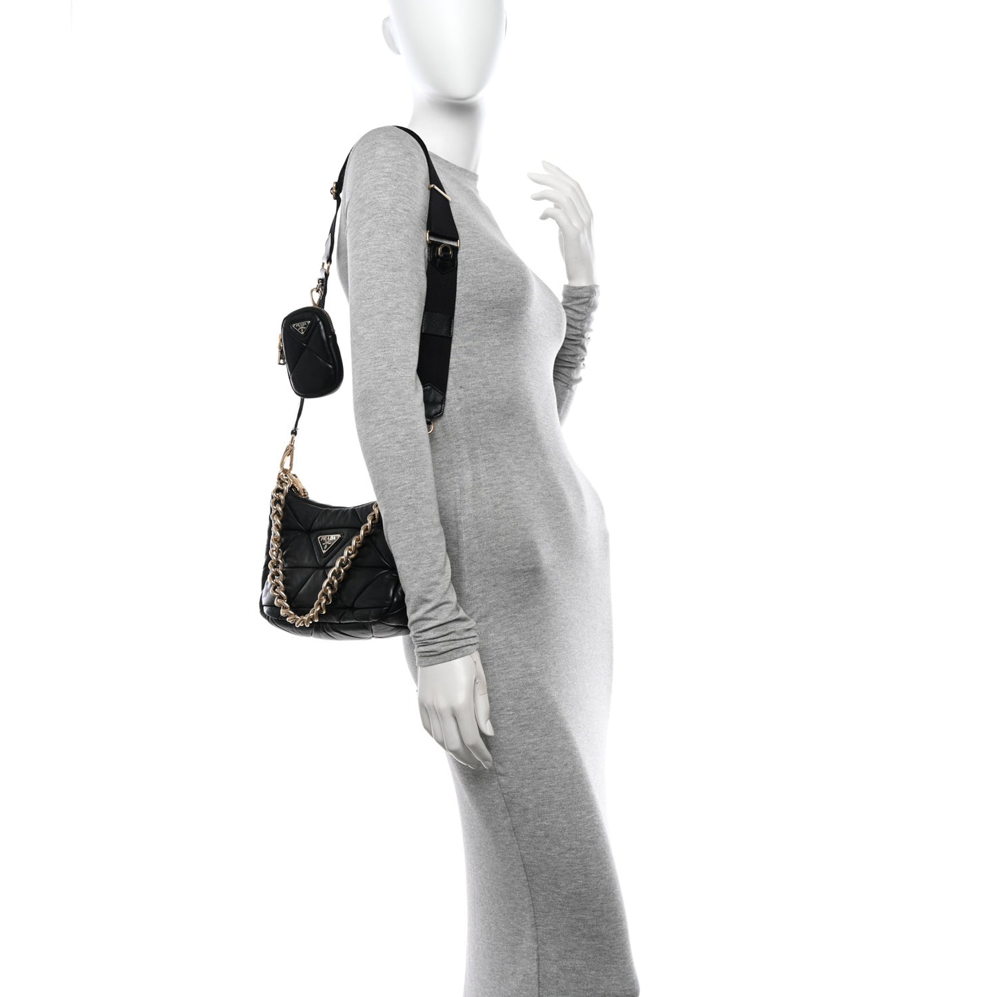 Nappa Re-Nylon Triangle Quilted Patchwork System Shoulder Bag Black