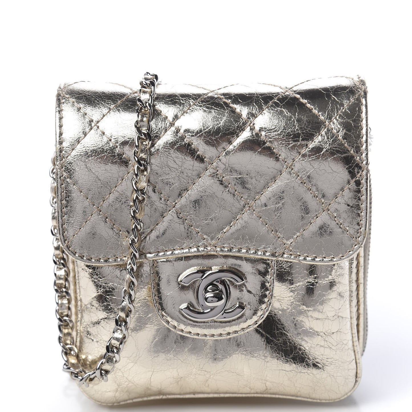 Crackled Aged Calfskin Mini Crossbody Flap Gold