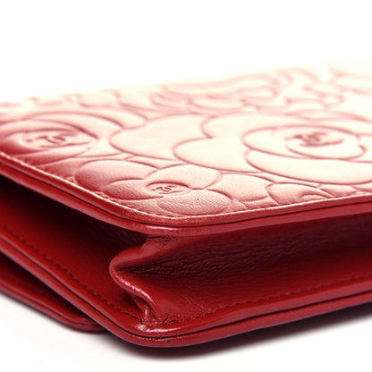Chanel Lambskin Camellia Embossed Wallet On Chain WOC Red 15 of 21