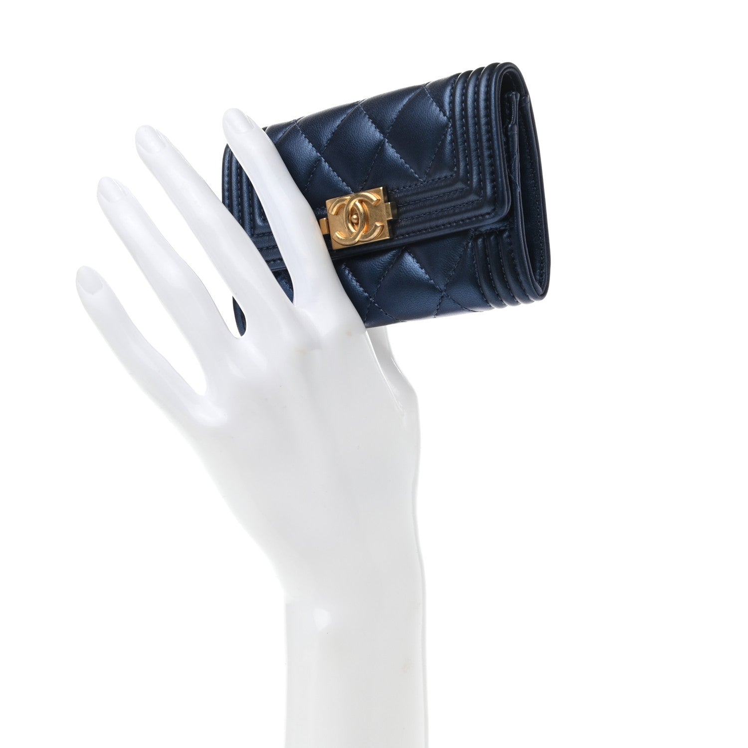 Chanel Metallic Lambskin Quilted Boy Flap Card Holder Blue 2 of 9