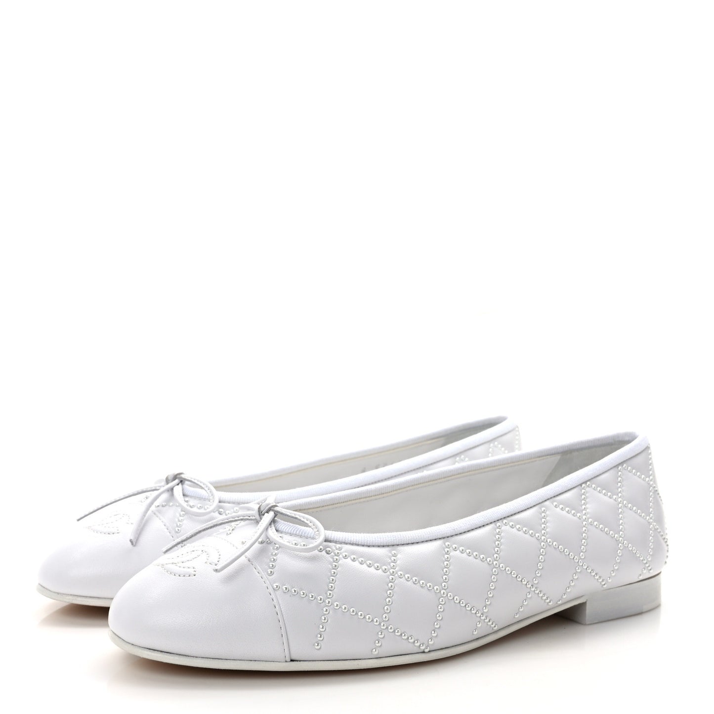 Lambskin Pearl Embroidered Quilted Cap Toe Ballerina Flats 38.5 White