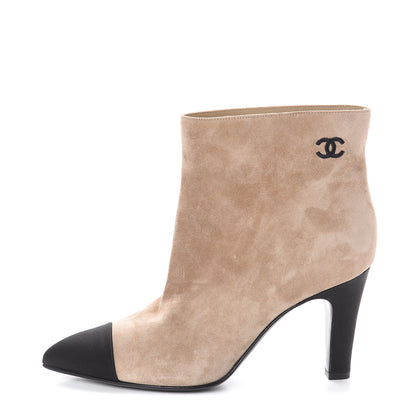 Chanel Suede Calfskin Satin Gabrielle Cap Toe Short Boots 37 Beige Black 1 of 6