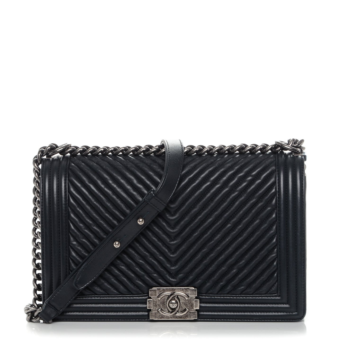 Wrinkled Lambskin Chevron Quilted New Medium Boy Flap Dark Navy Blue