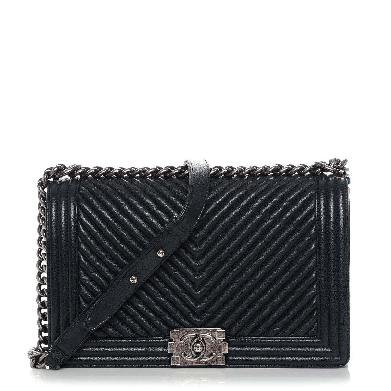 Chanel Wrinkled Lambskin Chevron Quilted New Medium Boy Flap Dark Navy Blue 1 of 7