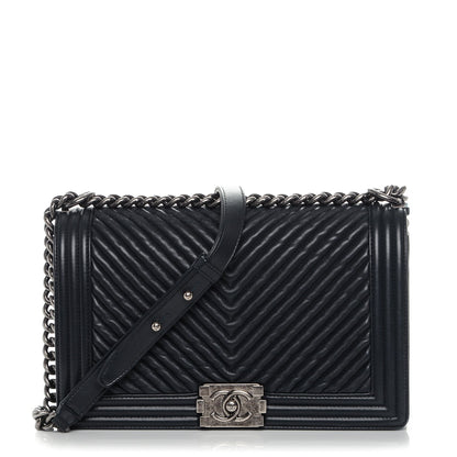 Chanel Wrinkled Lambskin Chevron Quilted New Medium Boy Flap Dark Navy Blue 1 of 7