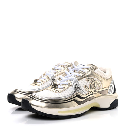 Chanel Fabric Laminated Calfskin Stretch CC Womens Sneakers 39.5 White Silver 4 of 11