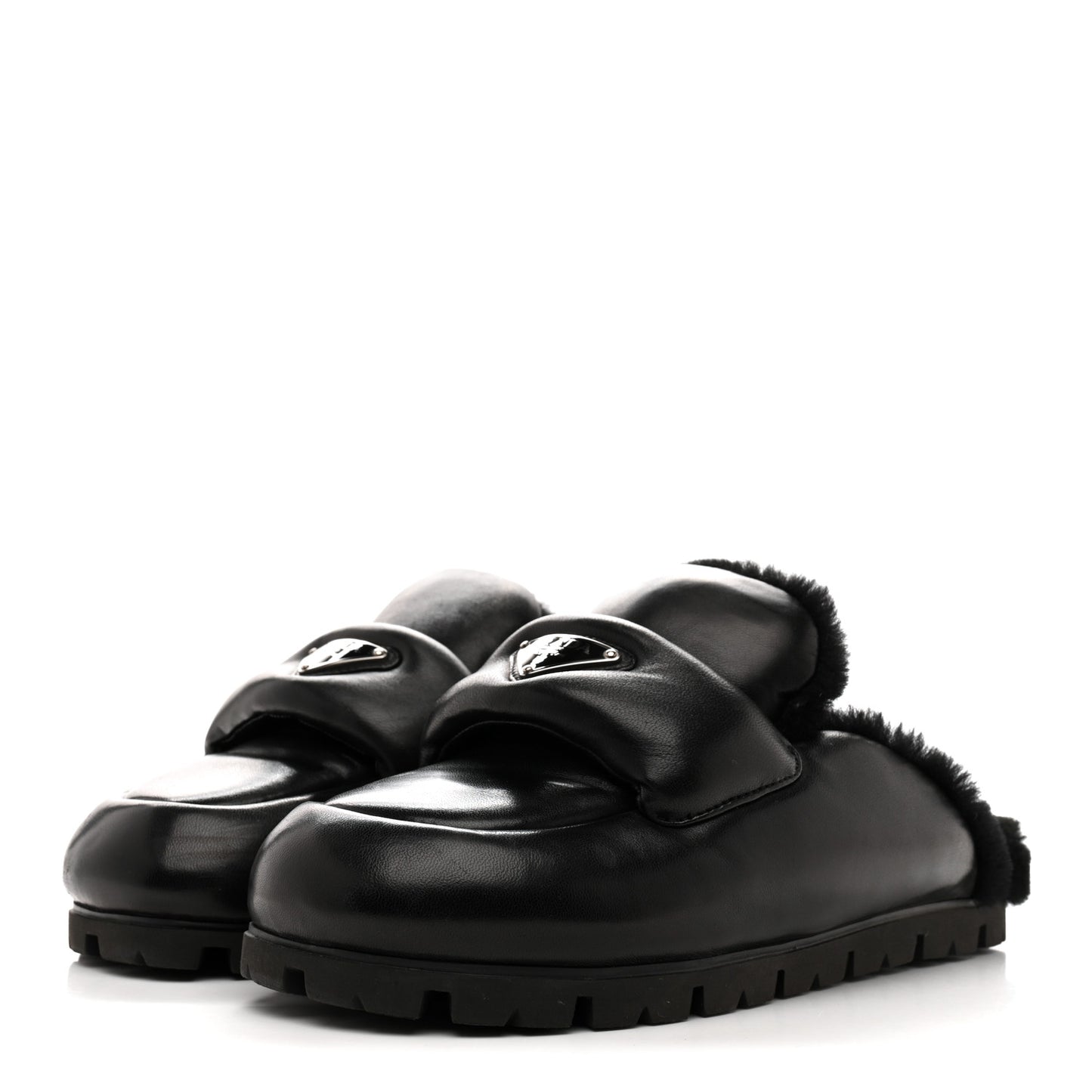 Nappa Shearling Soft Padded Metal Triangle Logo Lug Sole 20mm Mules 38 Black