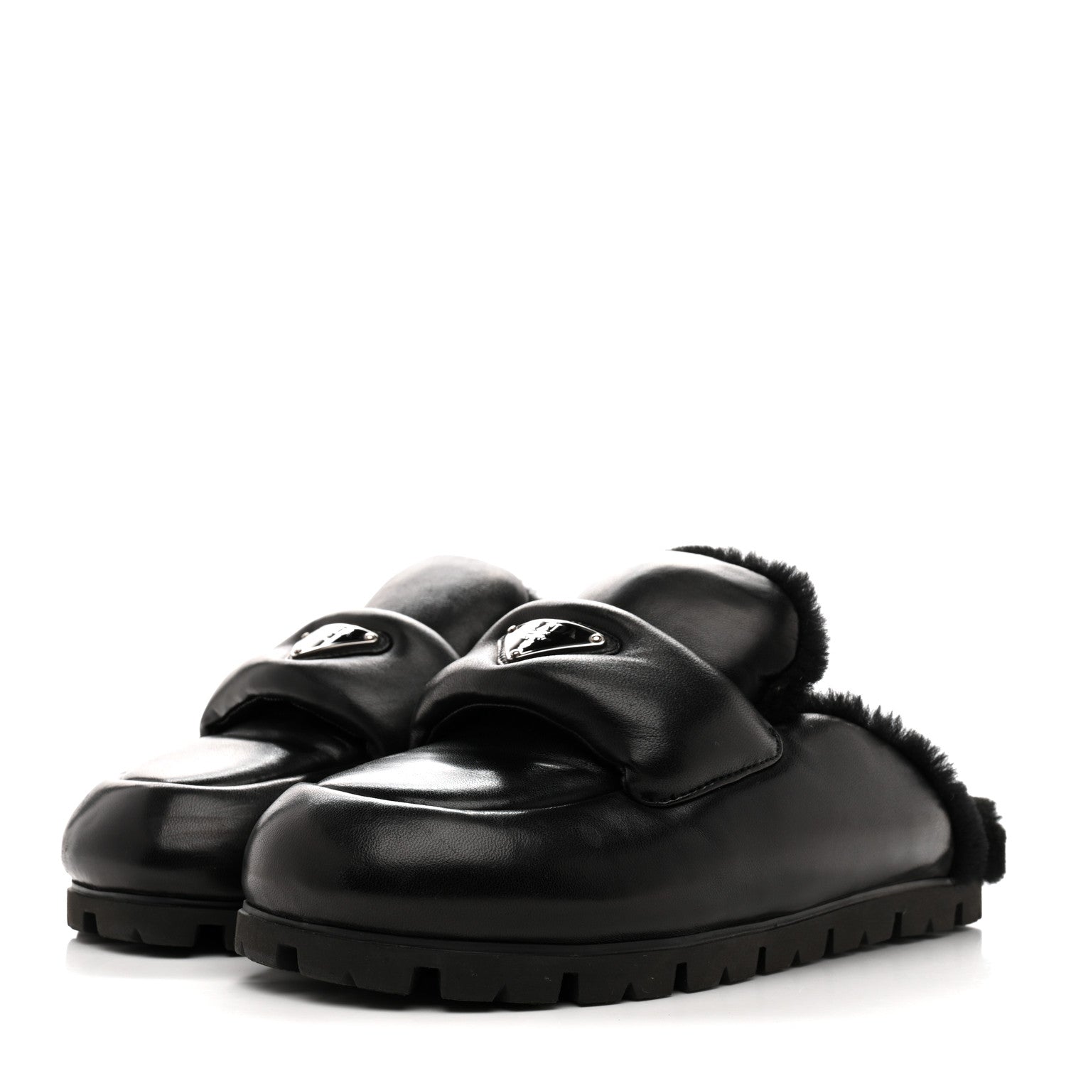 Prada Nappa Shearling Soft Padded Metal Triangle Logo Lug Sole 20mm Mules 38 Black 4 of 9