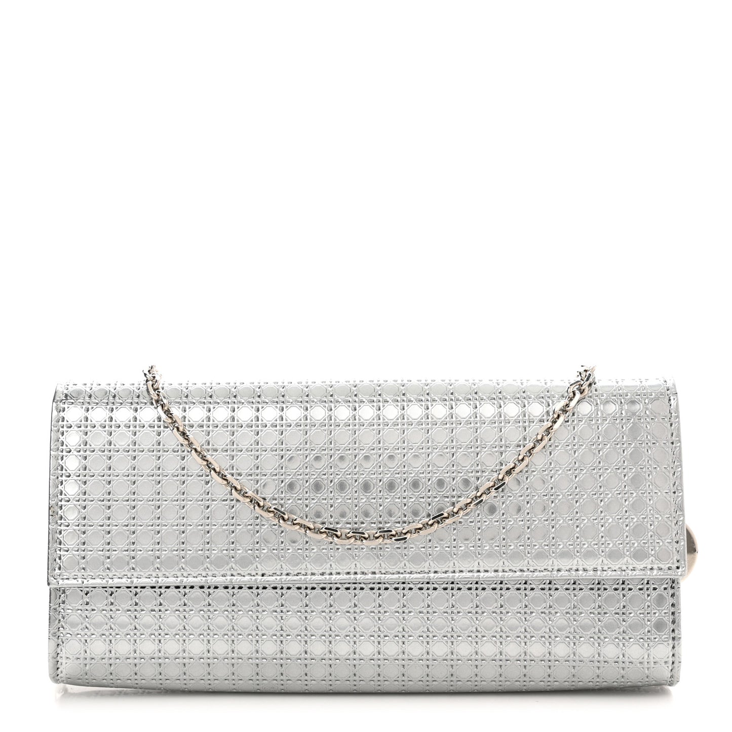 Metallic Patent Micro-Cannage Lady Dior Croisiere Chain Wallet Silver