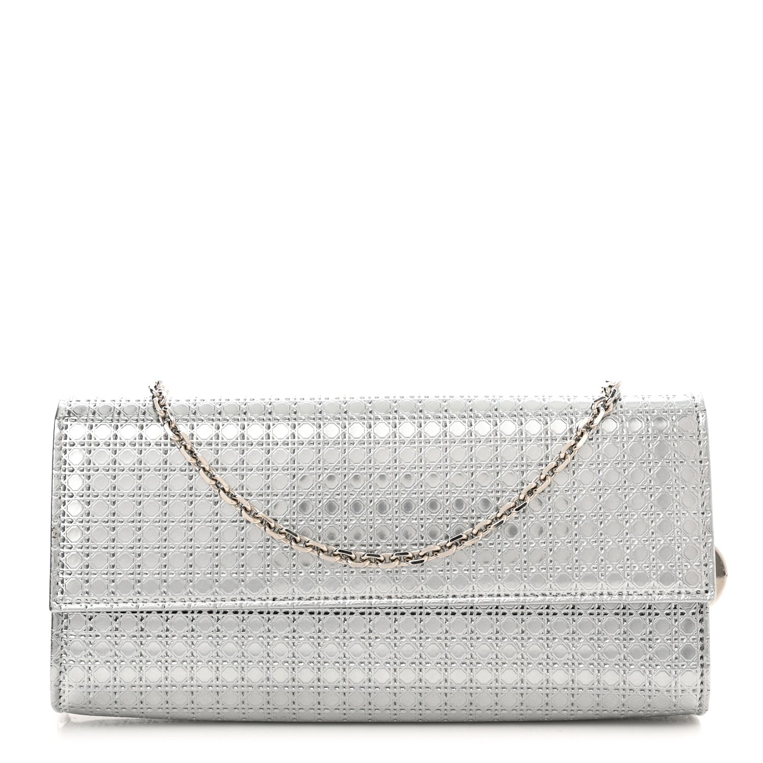 Christian Dior Metallic Patent Micro-Cannage Lady Dior Croisiere Chain Wallet Silver 1 of 9