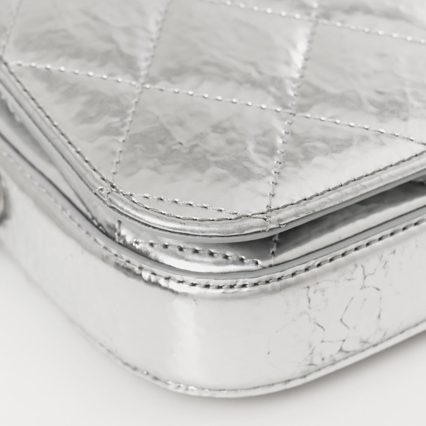 Hammered Metallic Calfskin Quilted Flap Silver