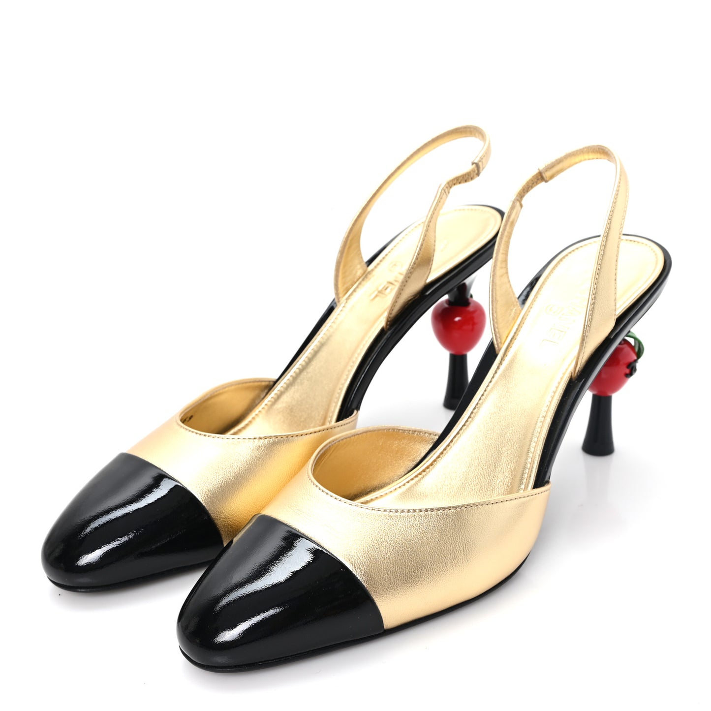 Laminated Lambskin Patent Cap Toe CC Apple Slingback Pumps 40 Gold Black