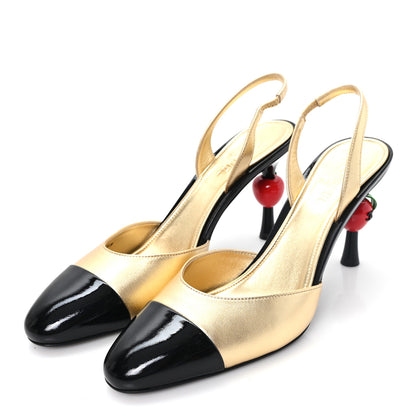 Chanel Laminated Lambskin Patent Cap Toe CC Apple Slingback Pumps 40 Gold Black 4 of 10