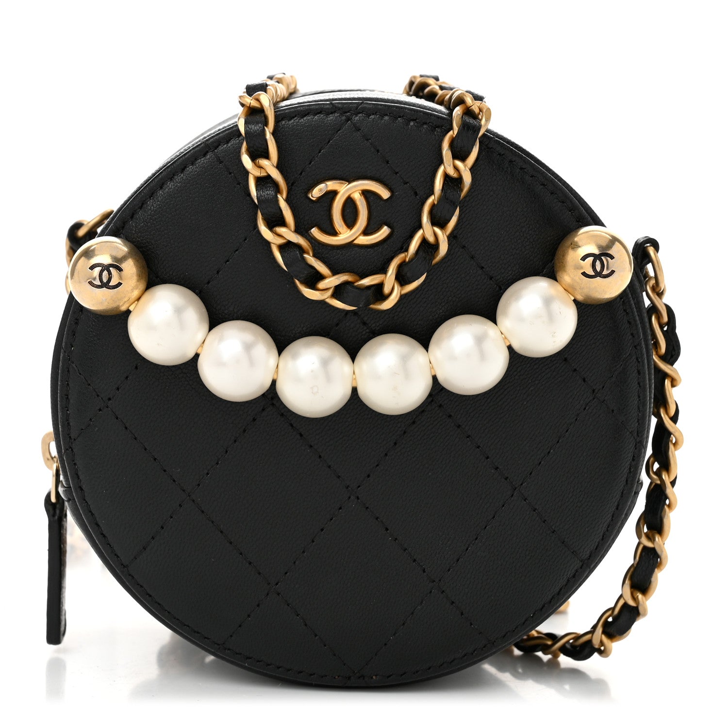 Chanel Goatskin Quilted Chic Pearls Chain Round Clutch With Chain Black 1 of 10