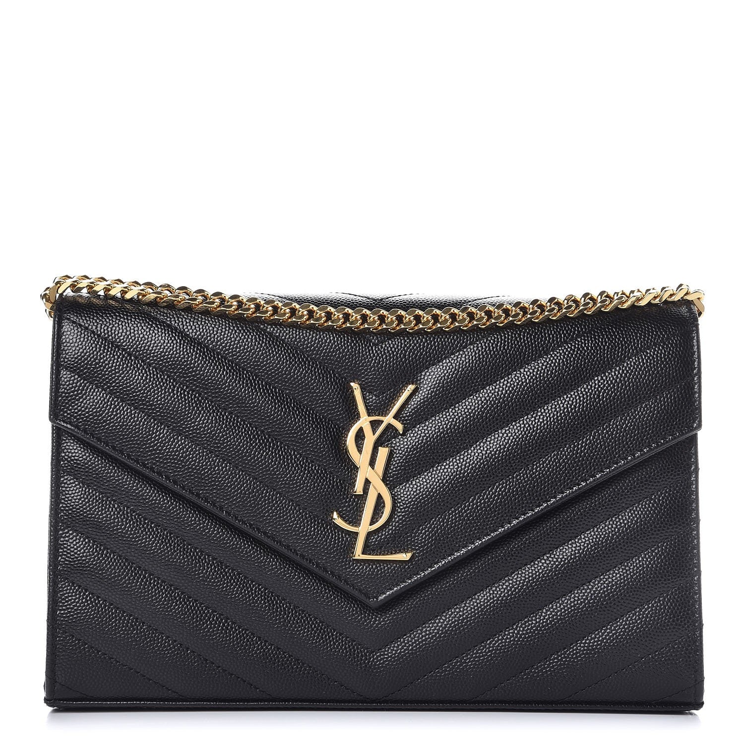 Saint Laurent Grain De Poudre Matelasse Chevron Monogram Chain Wallet Black 1 of 8