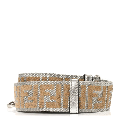 Fendi Jacquard Ribbon Vitello King FF Bi-Color Intreccio Adjustable Strap You Silver Beige 2 of 5