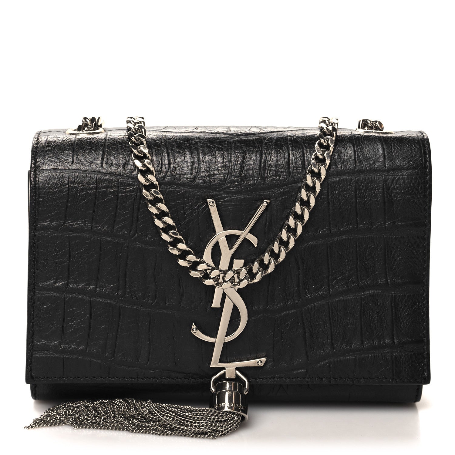 Saint Laurent Calfskin Crocodile Embossed Small Classic Monogram Kate Tassel Satchel Black 1 of 10