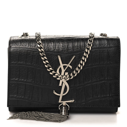 Saint Laurent Calfskin Crocodile Embossed Small Classic Monogram Kate Tassel Satchel Black 1 of 10
