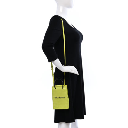 Balenciaga Calfskin Crocodile Embossed Logo Shopping Phone Holder Bag Lime 2 of 8