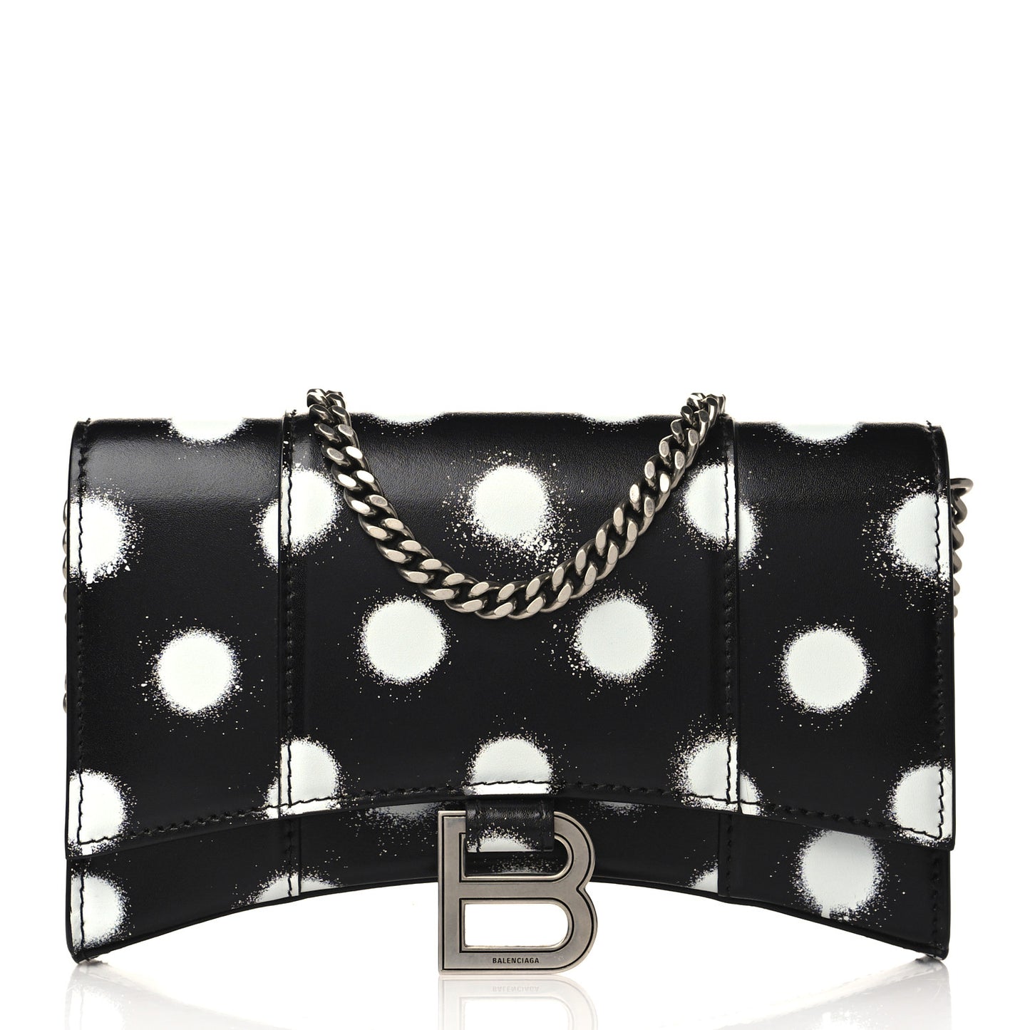 Shiny Box Calfskin Polka Dot Hourglass Chain Bag Black White