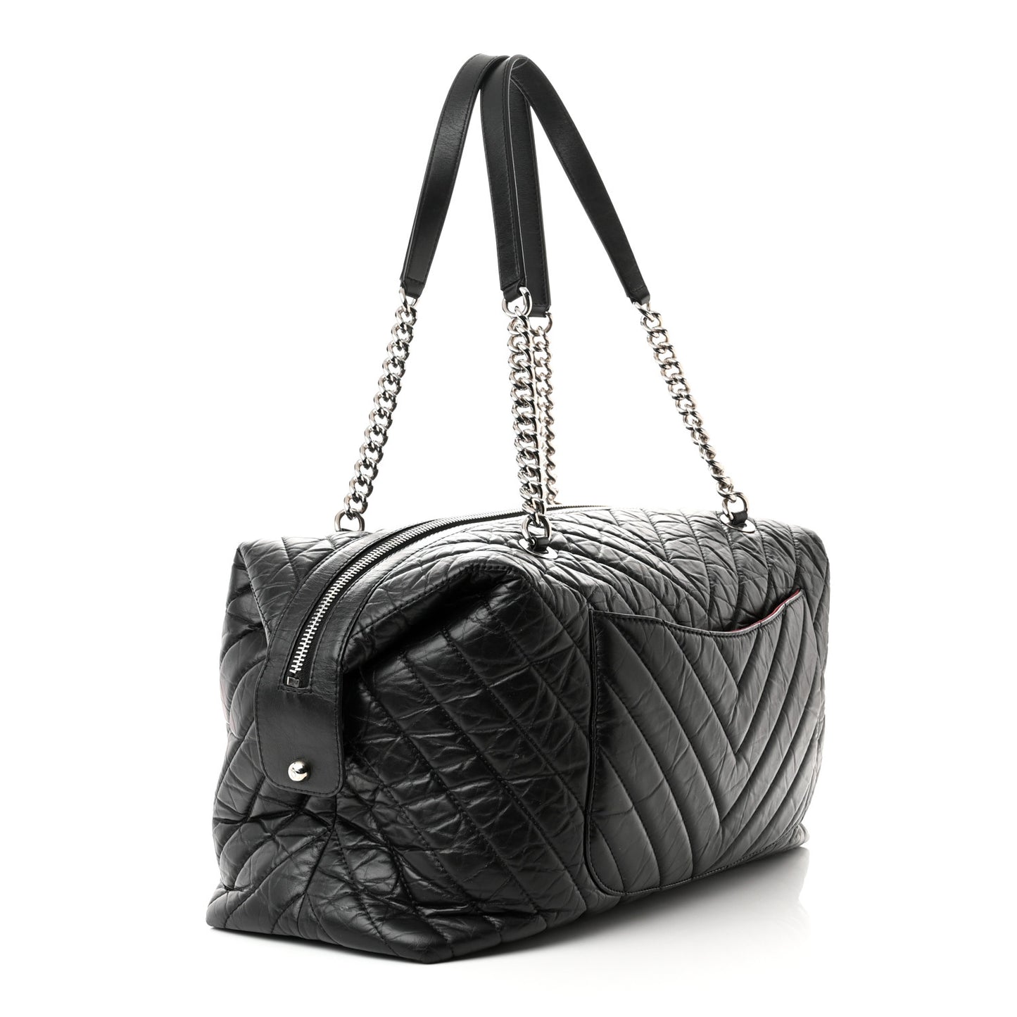 Aged Calfskin Chevron Quilted Duffle Bag Black