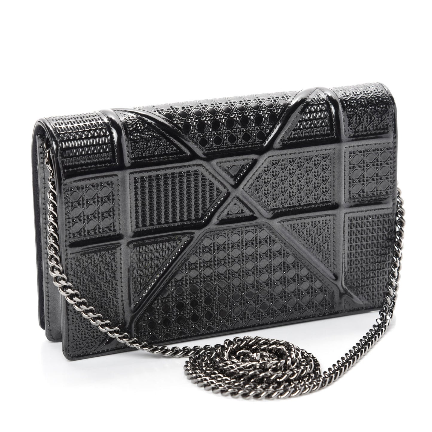 Metallic Patent Micro-Cannage Diorama Wallet on Chain Pouch Onyx Black