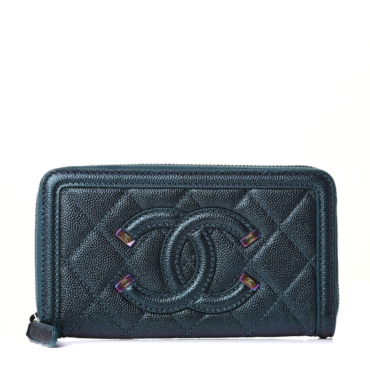 Iridescent Caviar Quilted Medium Filigree Zip Around Wallet Dark Turquoise