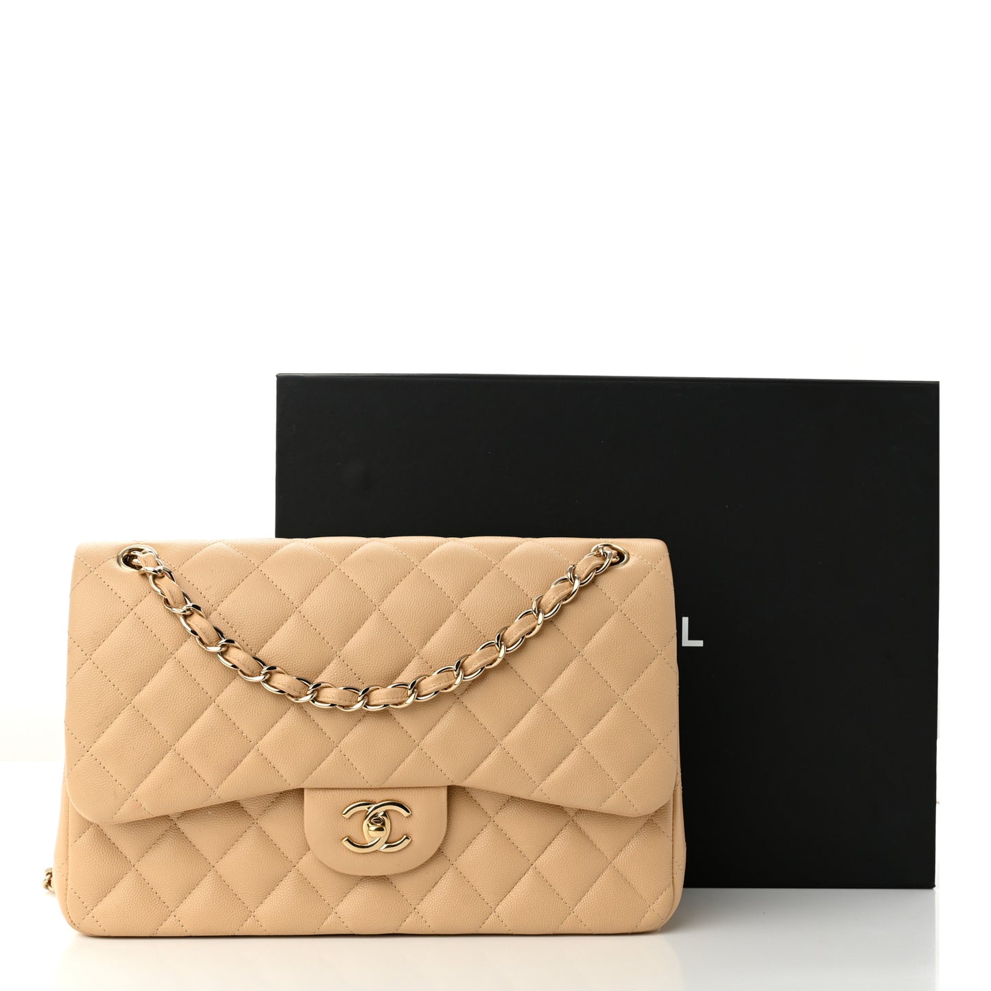 Caviar Quilted Jumbo Double Flap Light Beige