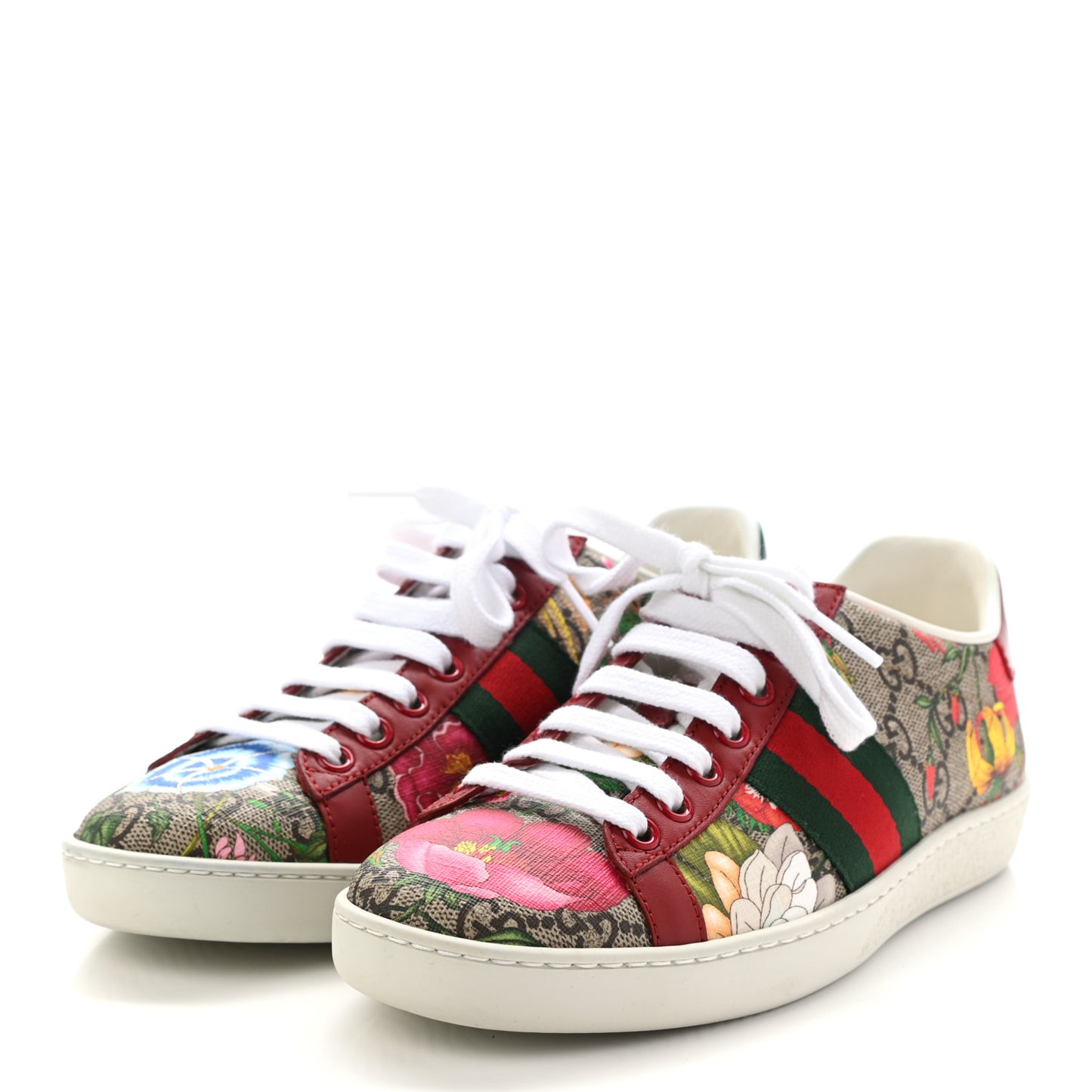 GG Supreme Monogram Flora Web Womens Ace Sneakers 35 Beige Multicolor Rosso
