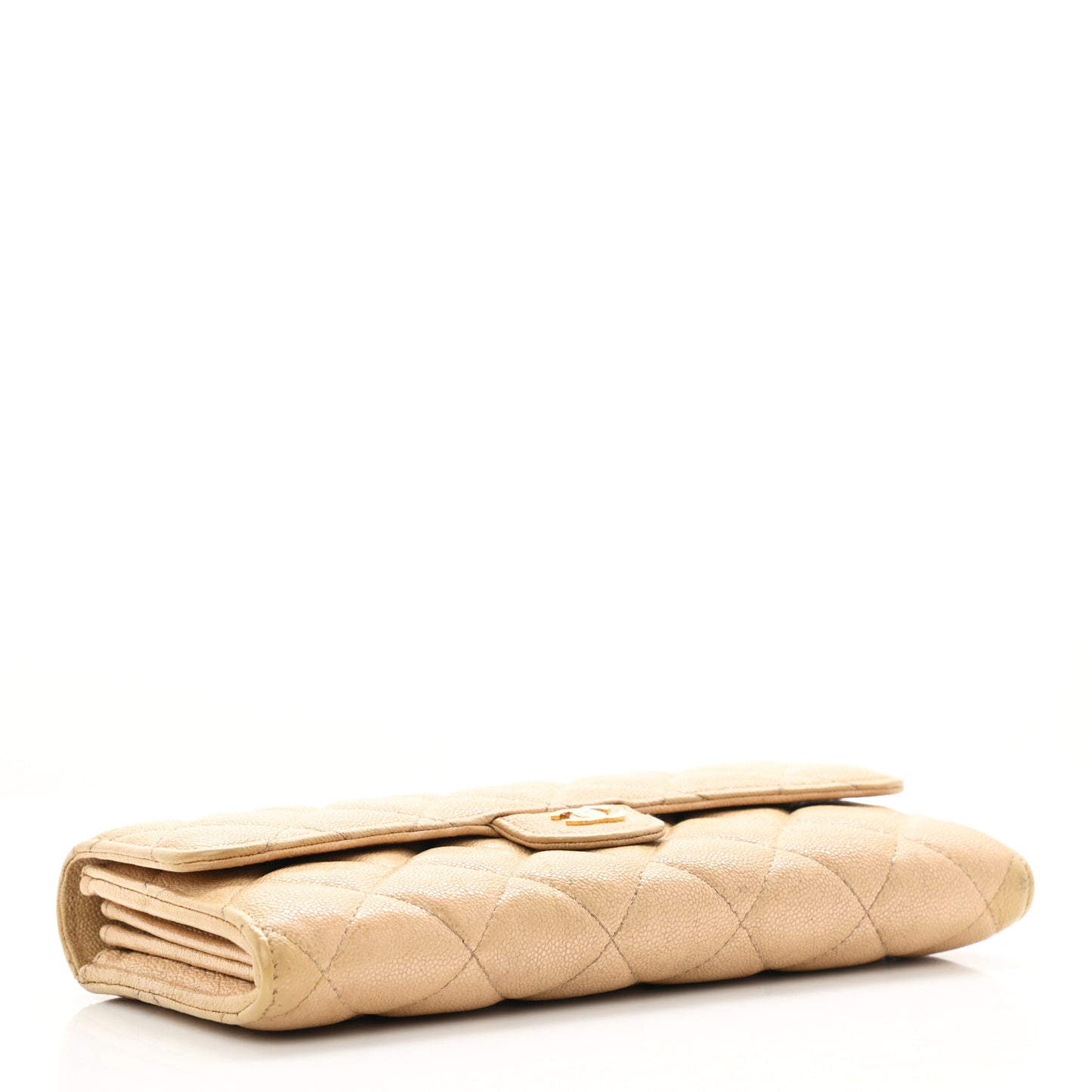 Iridescent Caviar Quilted Long Gusset Flap Wallet Beige