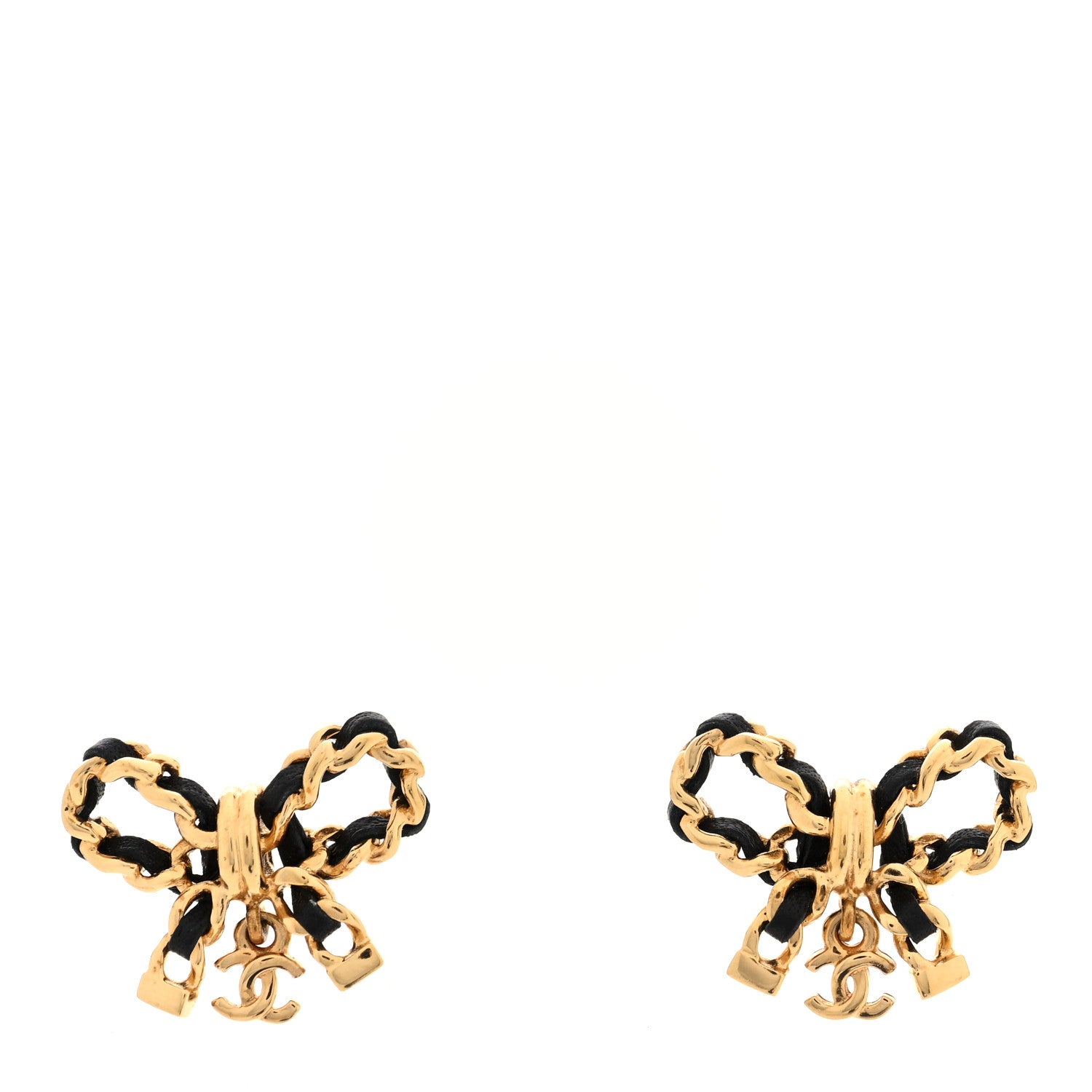Chanel Lambskin Chain Bow Stud Earrings Black Gold 1 of 5